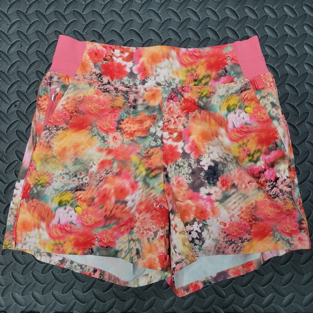 Athleta Floral Print Athletic Shorts SiZe 2 Pink Orange Zip Pockets Running